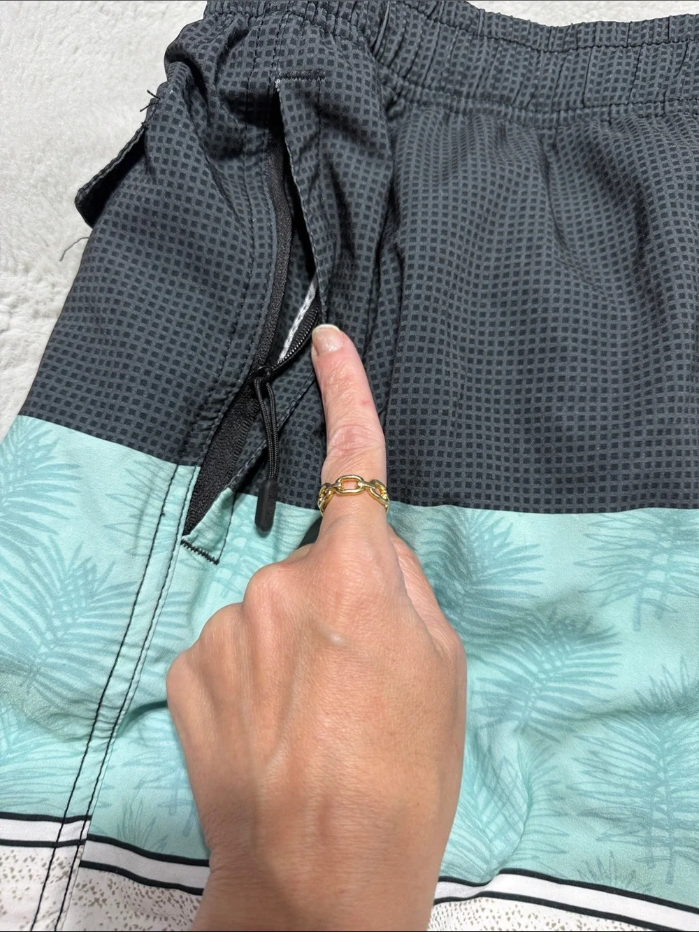 Ingear Men’s Black, Teal & Light Gray Palm-Stripe Swim Trunks